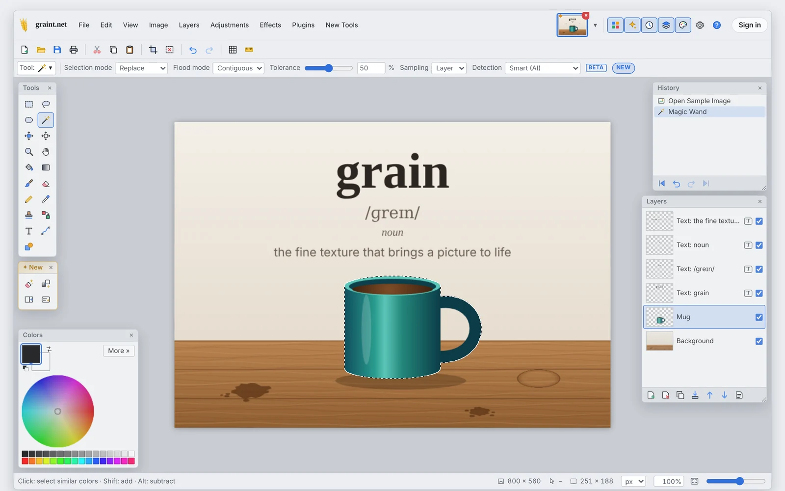 The graint.net editor with a mug selected by the smart magic wand